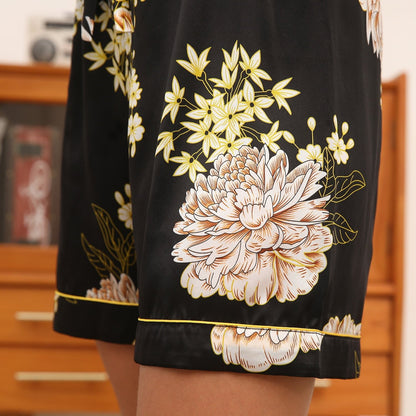 Womens Floral Print Silk Pajama Set Contrast Piping Silk Pajamas