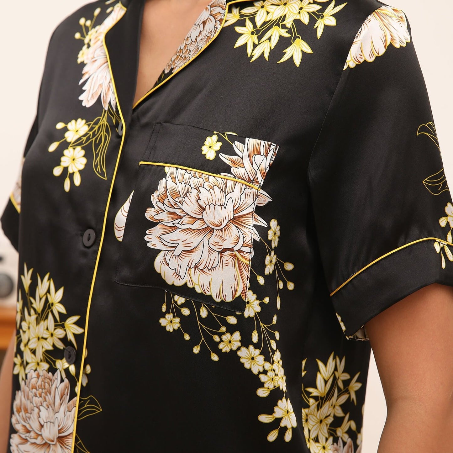 Womens Floral Print Silk Pajama Set Contrast Piping Silk Pajamas