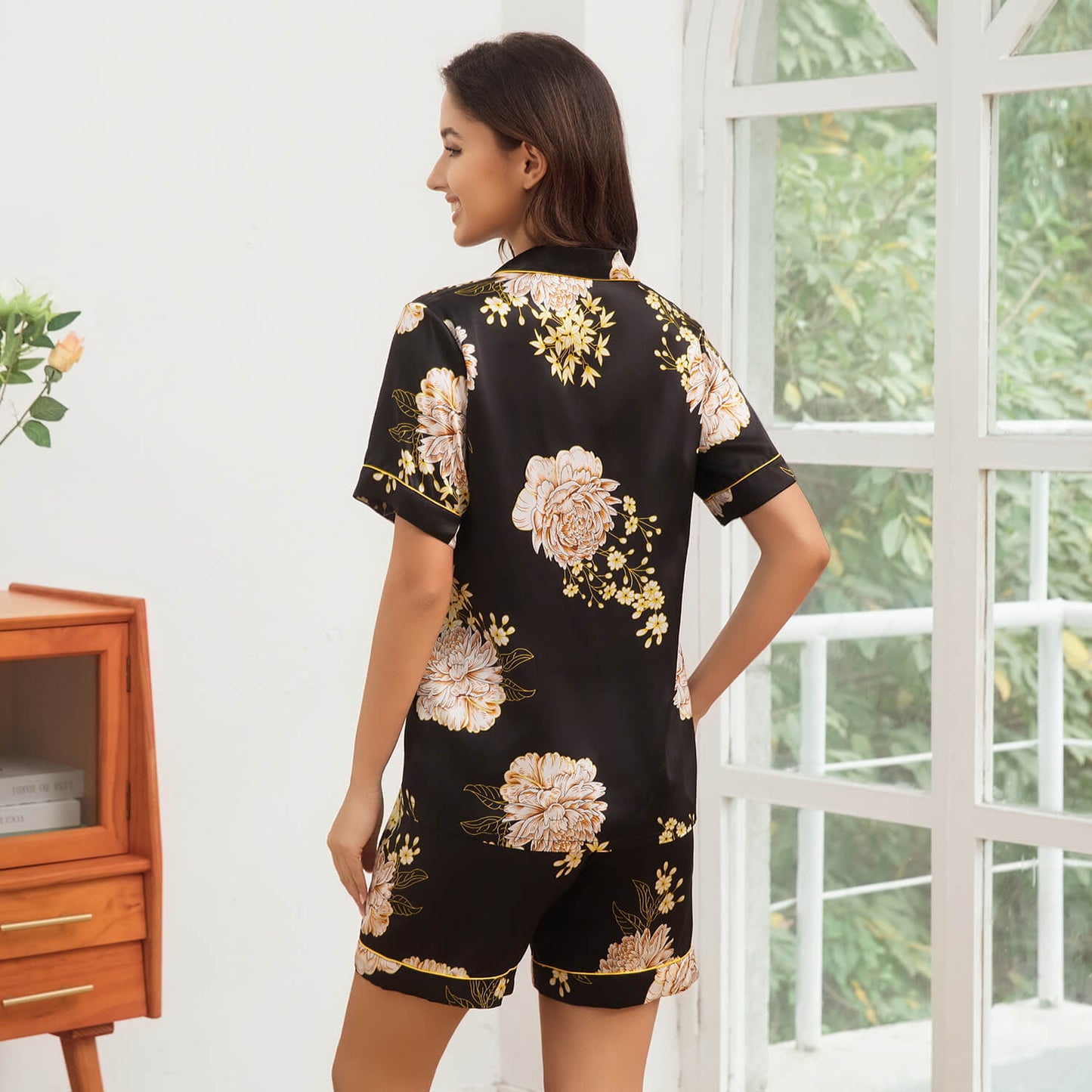 Womens Floral Print Silk Pajama Set Contrast Piping Silk Pajamas