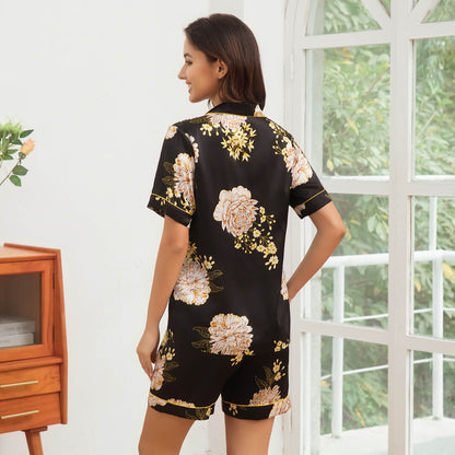 Womens Floral Print Silk Pajama Set Contrast Piping Silk Pajamas