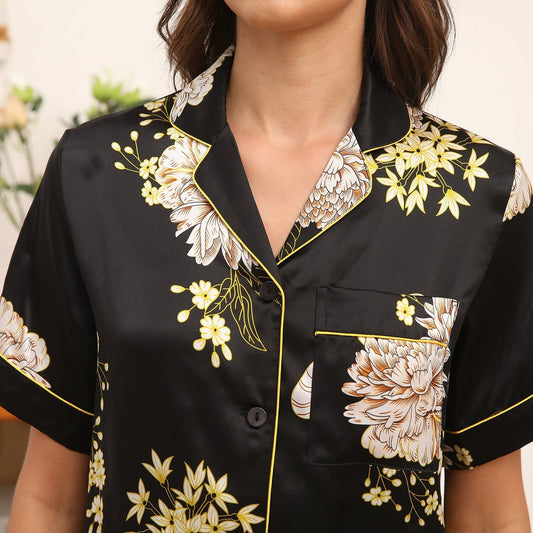 Womens Floral Print Silk Pajama Set Contrast Piping Silk Pajamas