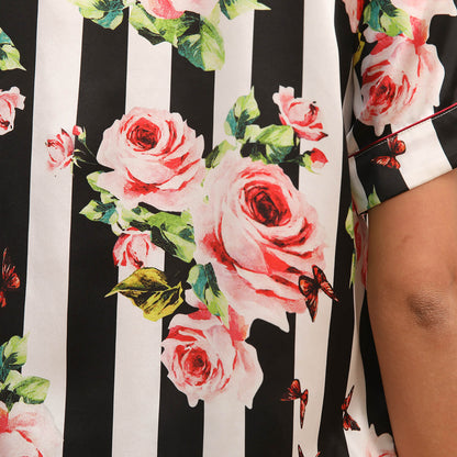 Womens Short Sleeve Silk Pajama Set Floral Stripe Print Silk PJS