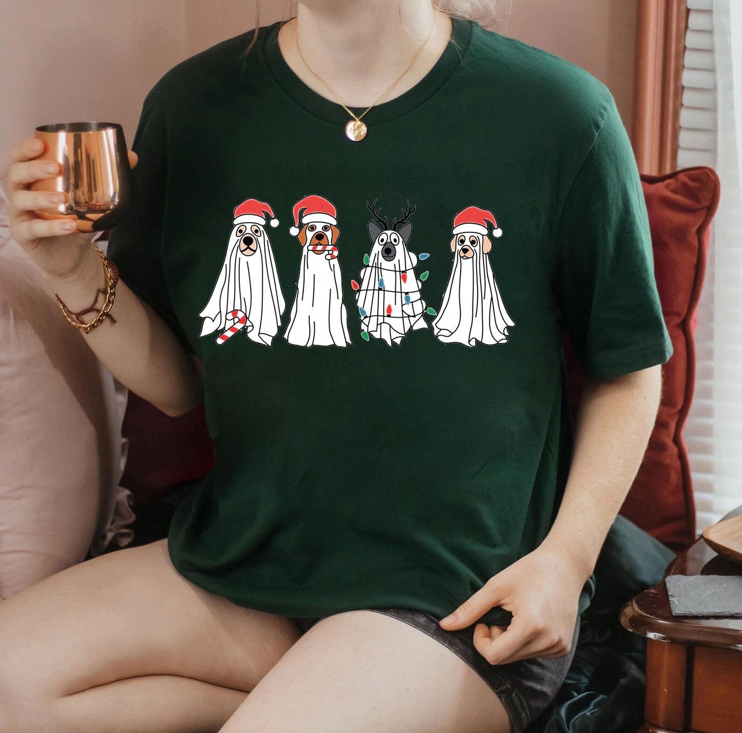 Ghost Dog With Santa Claus Hat Sweatshirt, Christmas Spooky Sweatshirt, Dog Ghost T-shirt, Sweatshirt Christmas, Christmas For Gift