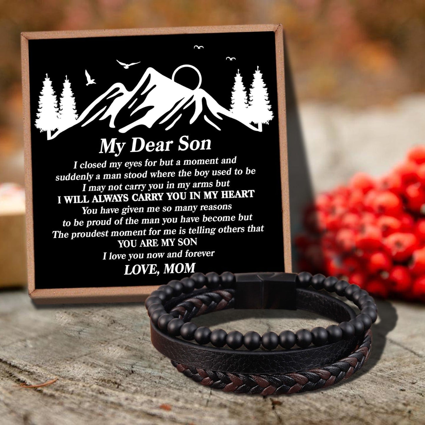 Mom To Son - I Will Always Carry You Black Beaded Bracelets For Men