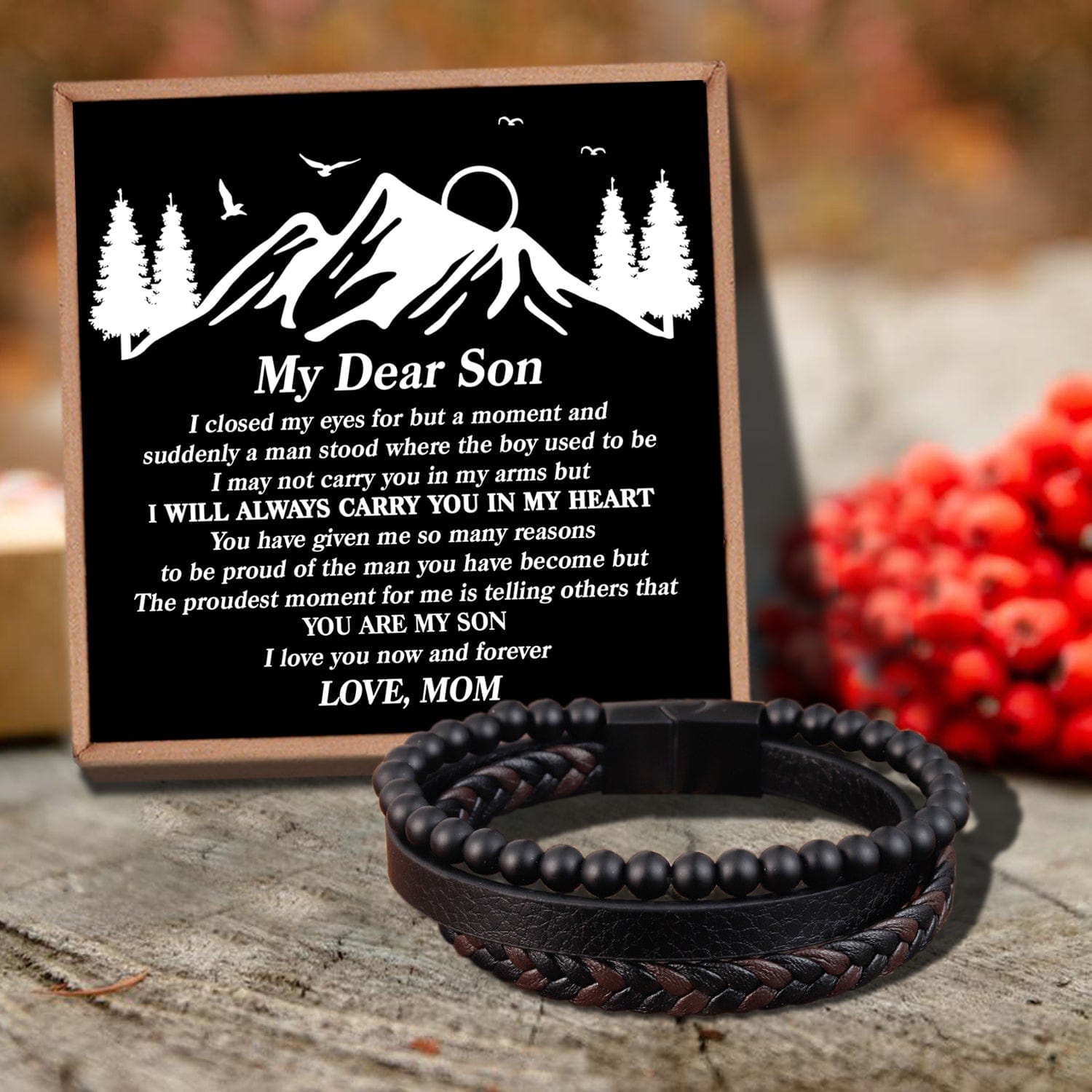 Mom To Son - I Will Always Carry You Black Beaded Bracelets For Men