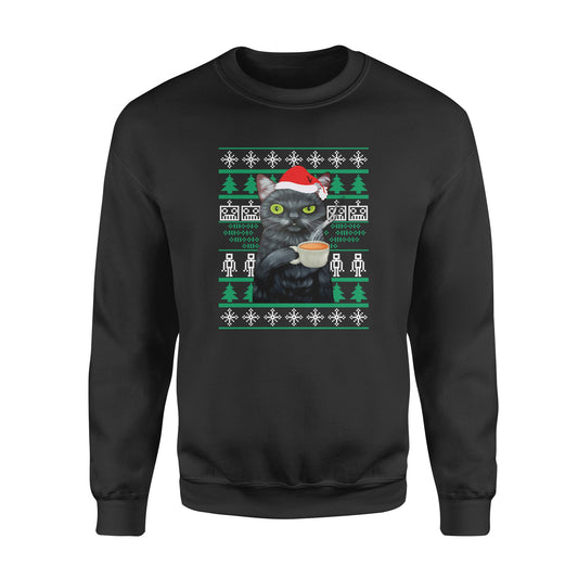 Grumpy coffee drinking cat christmas funny sweatshirt gifts christmas ugly sweater for men and women