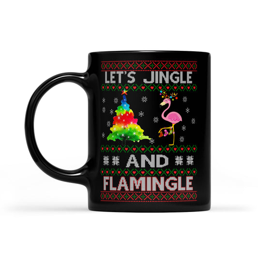 Lustige Weihnachtstasse mit Flamingo-Motiv, Motiv: „Let's Jingle And Flamingle“, schwarz, Geschenk für Weihnachten