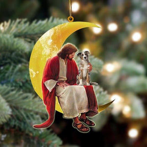 Australian Shepherd Dog And Jesus Sitting On The Moon Hanging Ornament - Best gifts your whole family