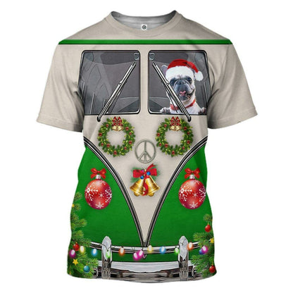 3D Bulldogs fahren Hippie-Autos zu Weihnachten Custom T-Shirt Bekleidung