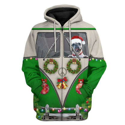 3D Bulldogs fahren Hippie-Autos zu Weihnachten Custom T-Shirt Bekleidung