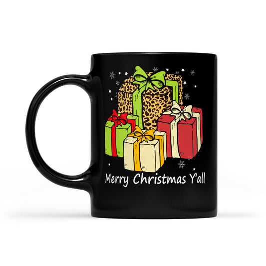 Merry Christmas Y'all With Christmas Leopard Leather Gift  Black Mug Gift For Christmas