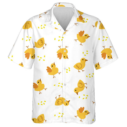 Funny Yellow Chickens And Grain On White Background Hawaiian Shirt, Hawaiian Shirt Gift, Christmas Gift
