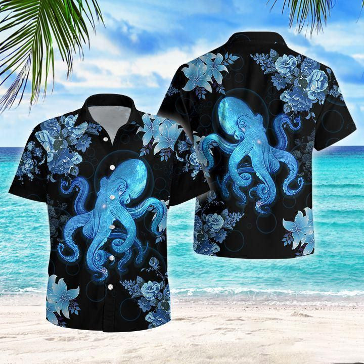 Blue Octopus And Flower Neon Color Black Theme Hawaiian Shirt, Hawaiian Shirt Gift, Christmas Gift