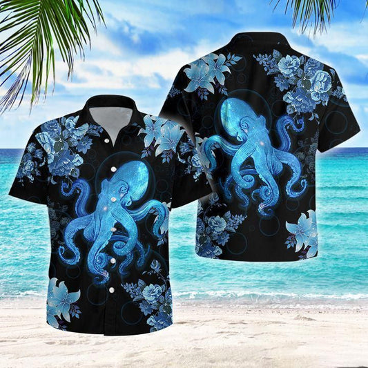 Blue Octopus And Flower Neon Color Black Theme Hawaiian Shirt, Hawaiian Shirt Gift, Christmas Gift