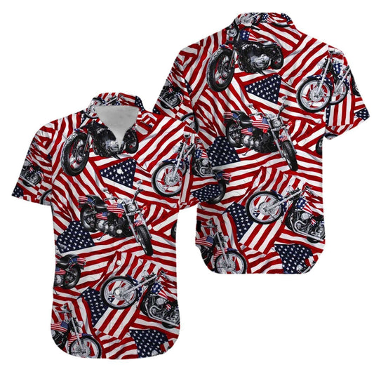 Motorcycles American Flag Aloha Hawaiian Shirts, Hawaiian Shirt Gift, Christmas Gift