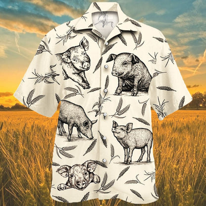 Cute Pig Farm Lovers Black And White Pattern Hawaiian Shirt, Hawaiian Shirt Gift, Christmas Gift