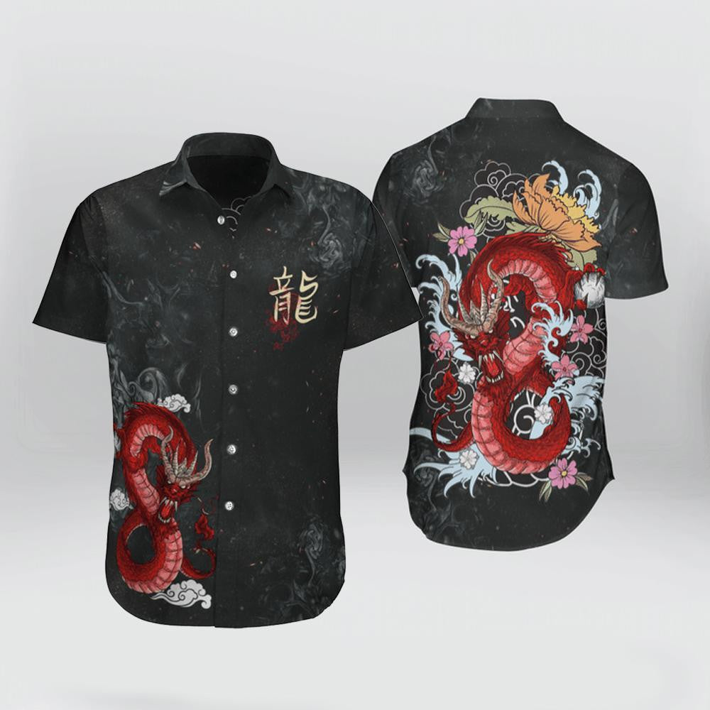 Red Dragon On Black Background Pattern Hawaiian Shirt,Hawaiian Shirt Gift, Christmas Gift
