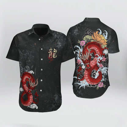 Red Dragon On Black Background Pattern Hawaiian Shirt,Hawaiian Shirt Gift, Christmas Gift