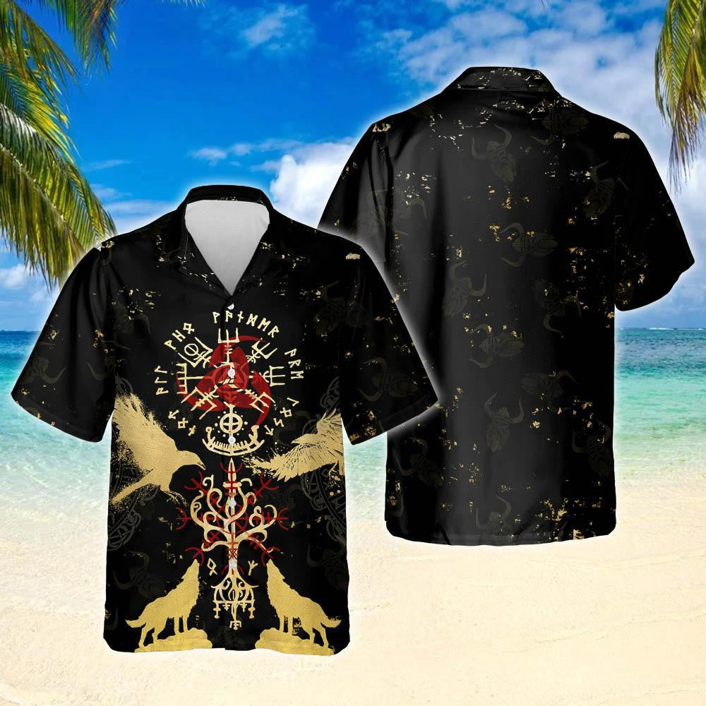 Black Background Viking Vegvisir Yggdrasil Design Hawaiian Shirt,Hawaiian Shirt Gift, Christmas Gift