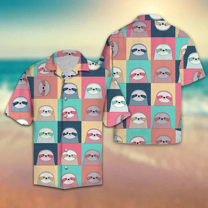 Baby Sloths Portrait Cartoon On Colorful Frame Hawaiian Shirt, Hawaiian Shirt Gift, Christmas Gift