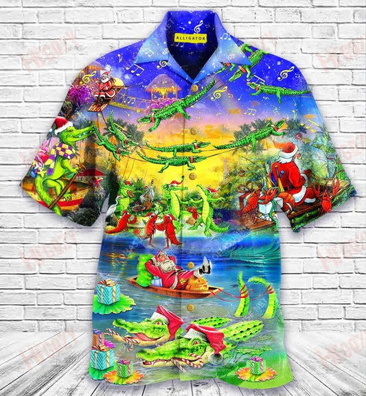 Santa Riding Alligator Short Hawaiian Shirt Summer Short Sleeve Custom Hawaiian Shirts Hawaiian Shirts For Women, Hawaiian Shirt Gift, Christmas Gift