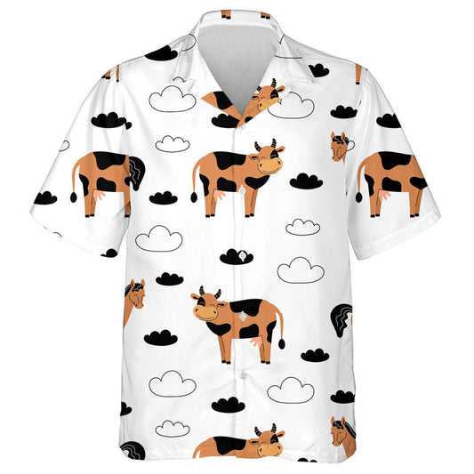 Cow And Horse Farm Animals On A White Background Hawaiian Shirt, Hawaiian Shirt Gift, Christmas Gift