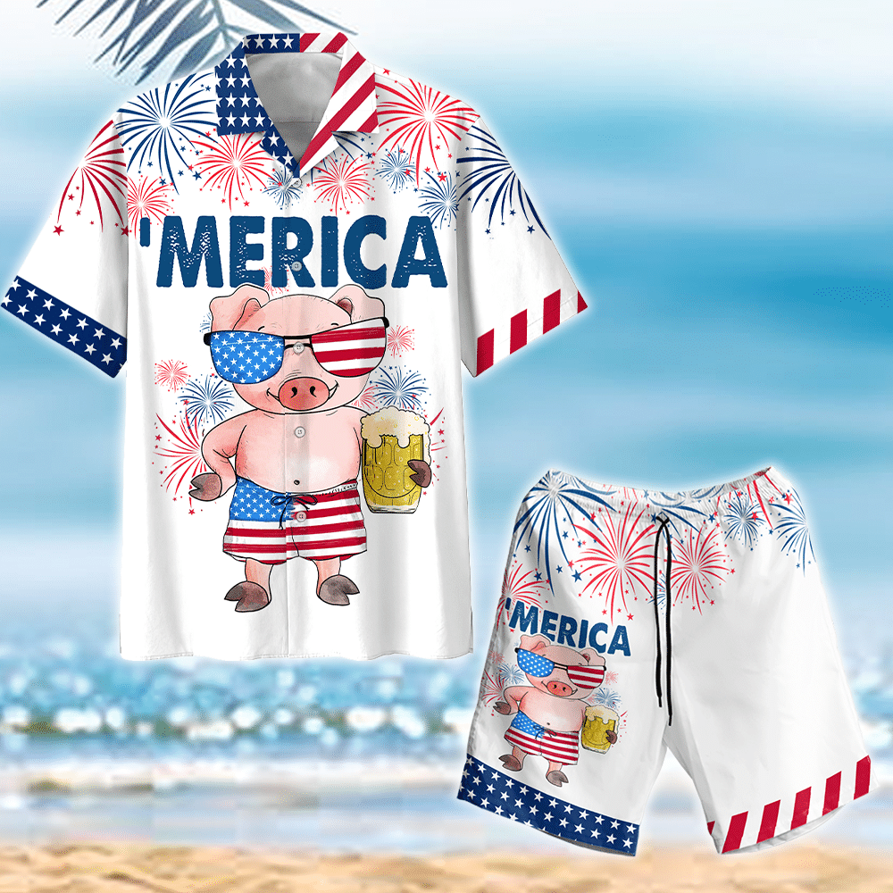 Cute Merica Pink Pig Design Hawaiian Shirt,Hawaiian Shirt Gift, Christmas Gift
