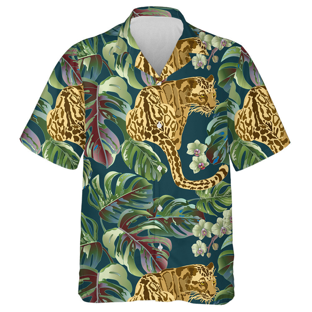 Modern Abstract Leopard With Monstera And Orchid Leaves Hawaiian Shirt, Hawaiian Shirt Gift, Christmas Gift