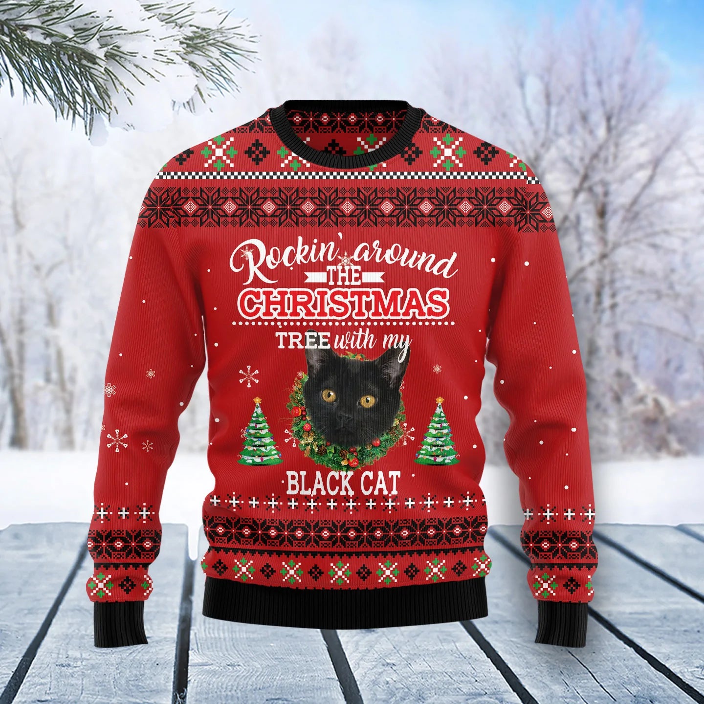 Black Cat Rockin unisex womens & mens, couples matching, friends, funny family ugly christmas holiday sweater gifts