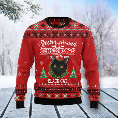 Black Cat Rockin unisex womens & mens, couples matching, friends, funny family ugly christmas holiday sweater gifts