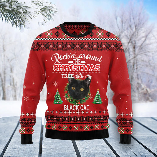 Black Cat Rockin unisex womens & mens, couples matching, friends, funny family ugly christmas holiday sweater gifts