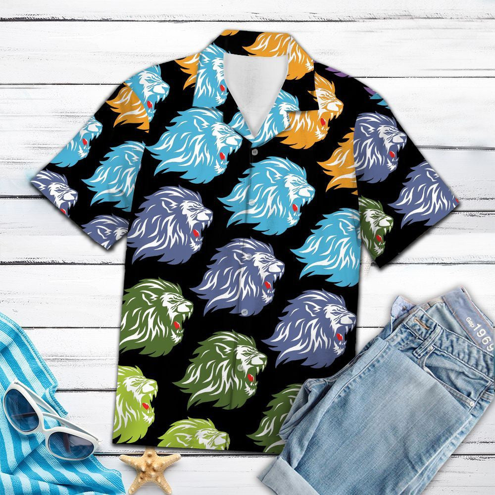 Awesome Lion Head Roaring Pattern Black Background Hawaiian Shirt, Hawaiian Shirt Gift, Christmas Gift