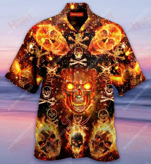 Flaming Skulls Unisex Short Sleeve Shirt Summer Aloha Shirt Tactical Hawaiian Shirt Funny Hawaiian Shirts_ Hawaiian Shirt Gift, Christmas Gift