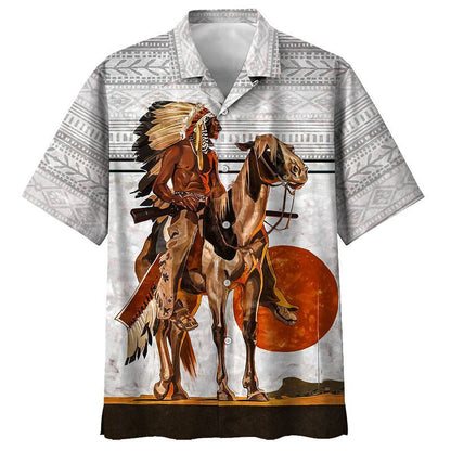 Native American Tribal Chief With Feather Hat Sunset Hawaiian Shirt, Hawaiian Shirt Gift, Christmas Gift