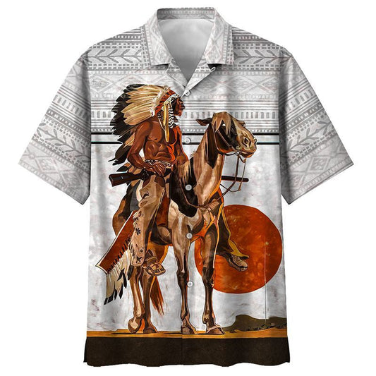 Native American Tribal Chief With Feather Hat Sunset Hawaiian Shirt, Hawaiian Shirt Gift, Christmas Gift