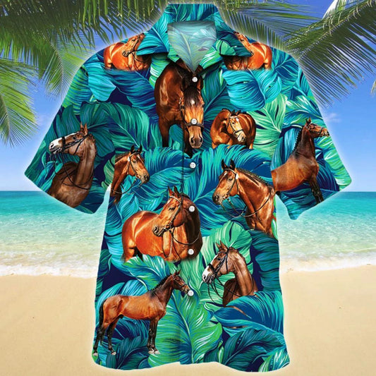Warmblood Horse Lovers Summer Beach Palm Tree Pattern Hawaiian Shirt, Hawaiian Shirt Gift, Christmas Gift