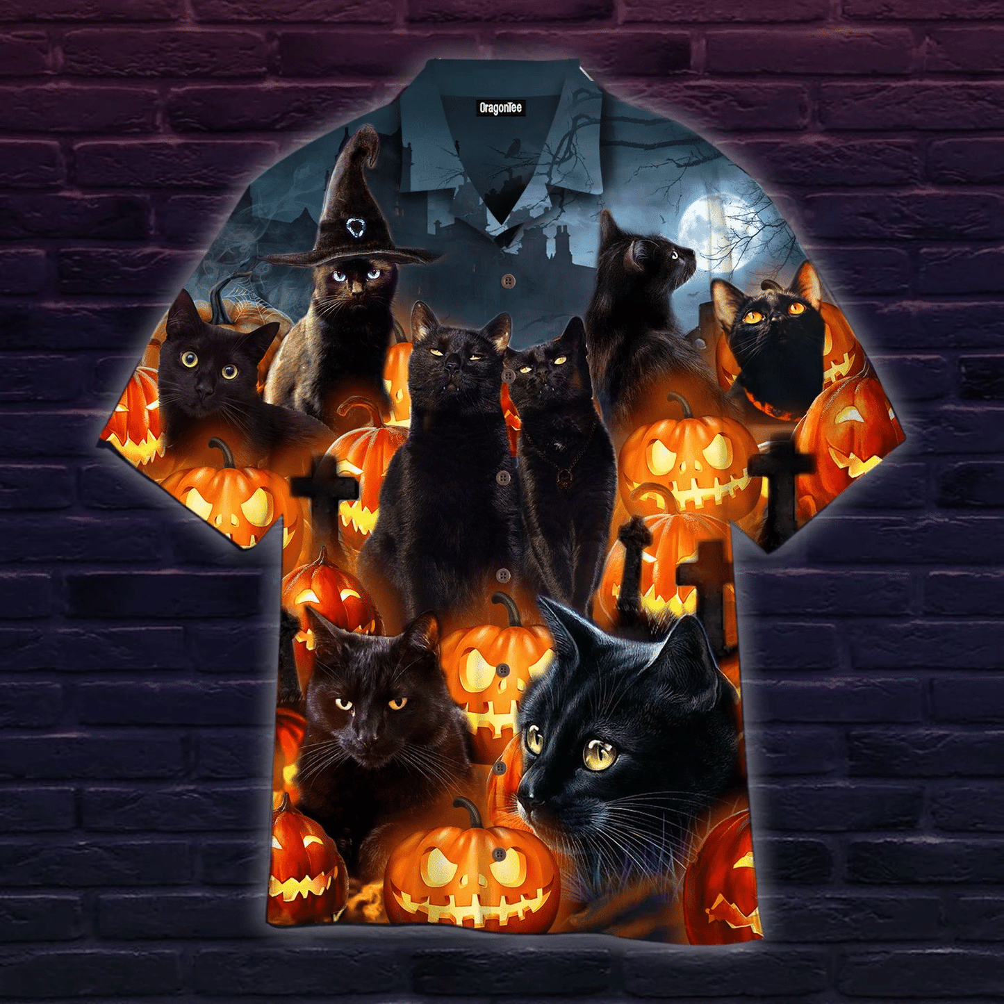 Black Cat And Scary Halloween Pumpkin Dramatic Hawaiian Shirt, Hawaiian Shirt Gift, Christmas Gift