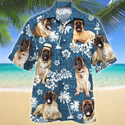 Mastiff Dog Lovers Blue And Black Tribal Pattern Hawaiian Shirt, Hawaiian Shirt Gift, Christmas Gift