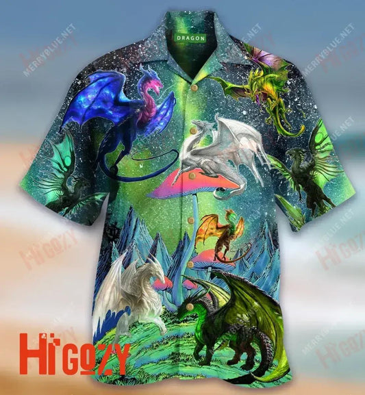 Dragons In Northern Lights Unisex Short Hawaiian Shirt Vacation Hawaiian T Shirts Best Hawaiian Shirts Crazy Shirts Hawaii, Hawaiian Shirt Gift, Christmas Gift