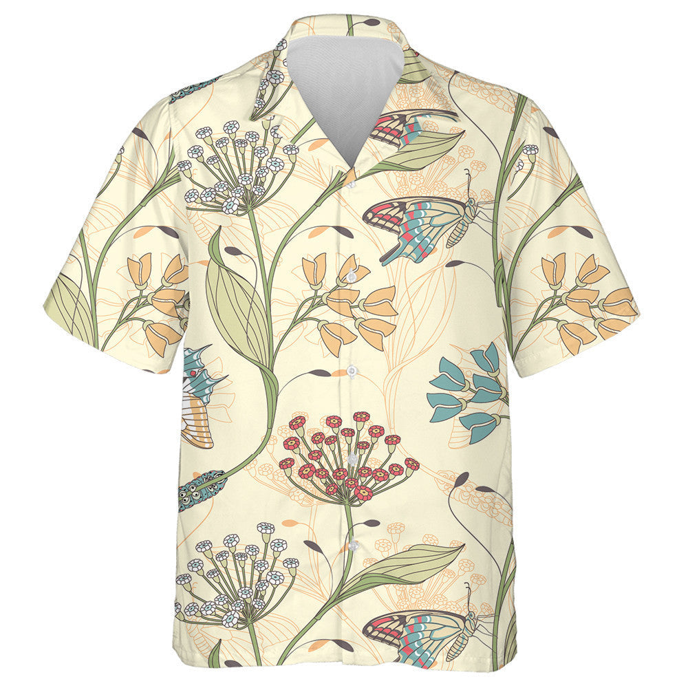 Hand Drawn Butterflies And Flowers On Yellow Background Hawaiian Shirt, Hawaiian Shirt Gift, Christmas Gift