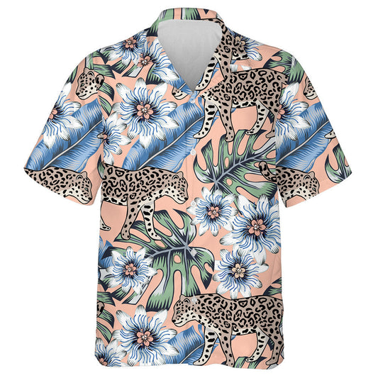 Tropical Leopard Animal And Passion Flowers Pink Background Hawaiian Shirt, Hawaiian Shirt Gift, Christmas Gift