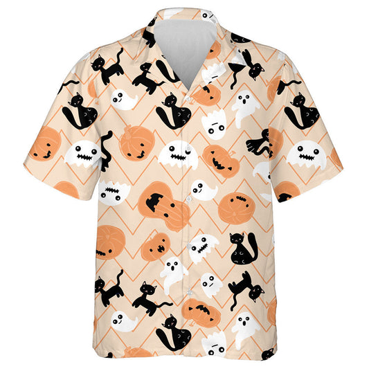 Halloween Black Cat Ghost Pumpkin Autumn Spooky Hawaiian Shirt, Hawaiian Shirt Gift, Christmas Gift