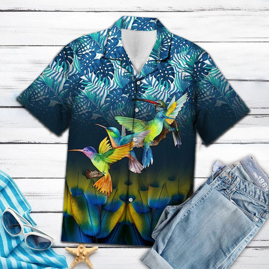 Colorful Hummingbird Blue Leaves In Forest Design Hawaiian Shirt, Hawaiian Shirt Gift, Christmas Gift