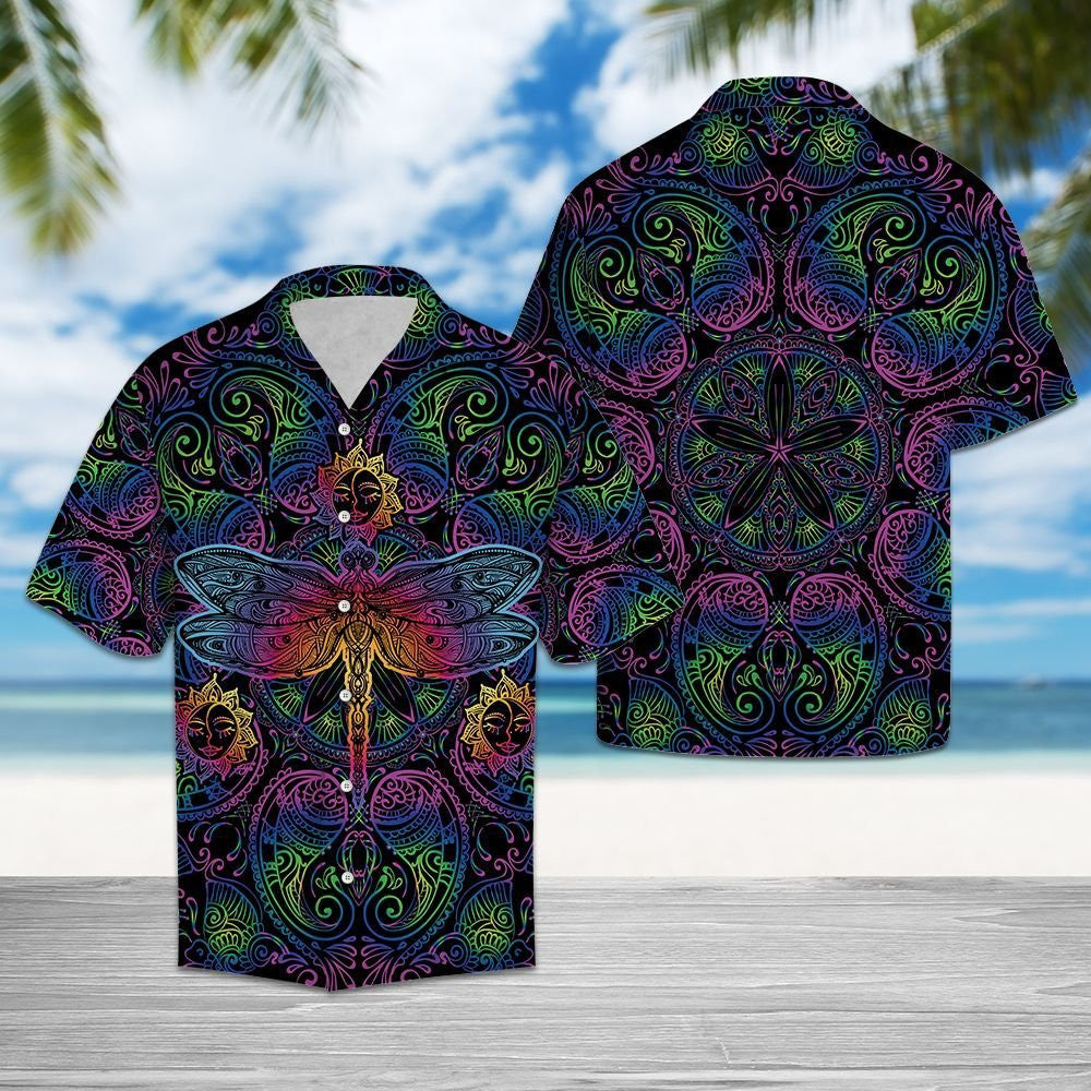 Bright Neon Dragonfly With Flowers Hawaiian Shirt, Hawaiian For Gift