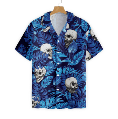Blue Tropical Floral Summer And Skull Pattern Hawaiian Shirt, Hawaiian Shirt Gift, Christmas Gift