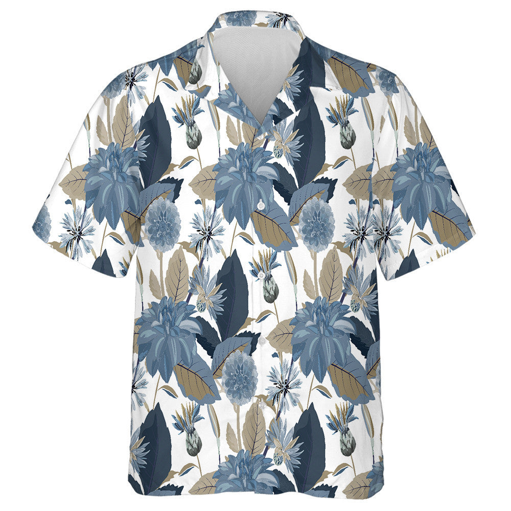 Pattern Of Blue Cornflowers Dahlias Thistles Flowers And Leaves Hawaiian Shirt, Hawaiian Shirt Gift, Christmas Gift
