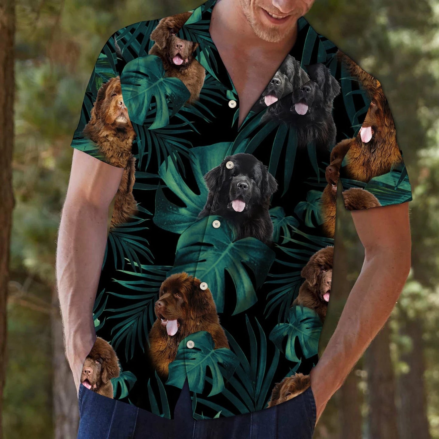 Black Newfoundland Dog Mixtropical Jungle Vintage Style Hawaiian Shirt, Hawaiian Shirt Gift, Christmas Gift
