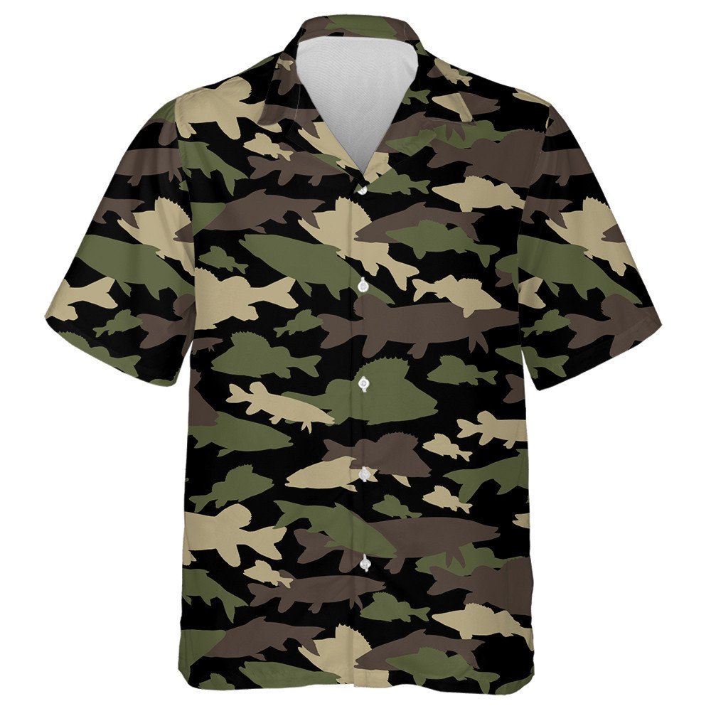 Creative Dark Green Brown Camouflage Fishing Silhouette Hawaiian Shirt, Hawaiian Shirt Gift, Christmas Gift