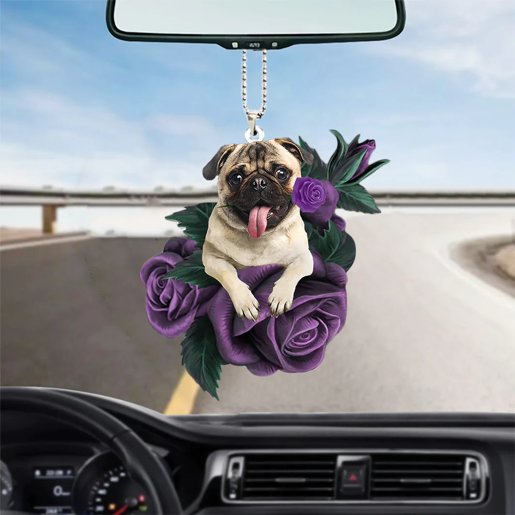 Pug In Purple Rose Car Hanging Ornament, Christmas Decoration