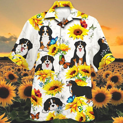 Bernese Mountain Dog Love Sun Flower White Theme Hawaiian Shirt, Hawaiian Shirt Gift, Christmas Gift
